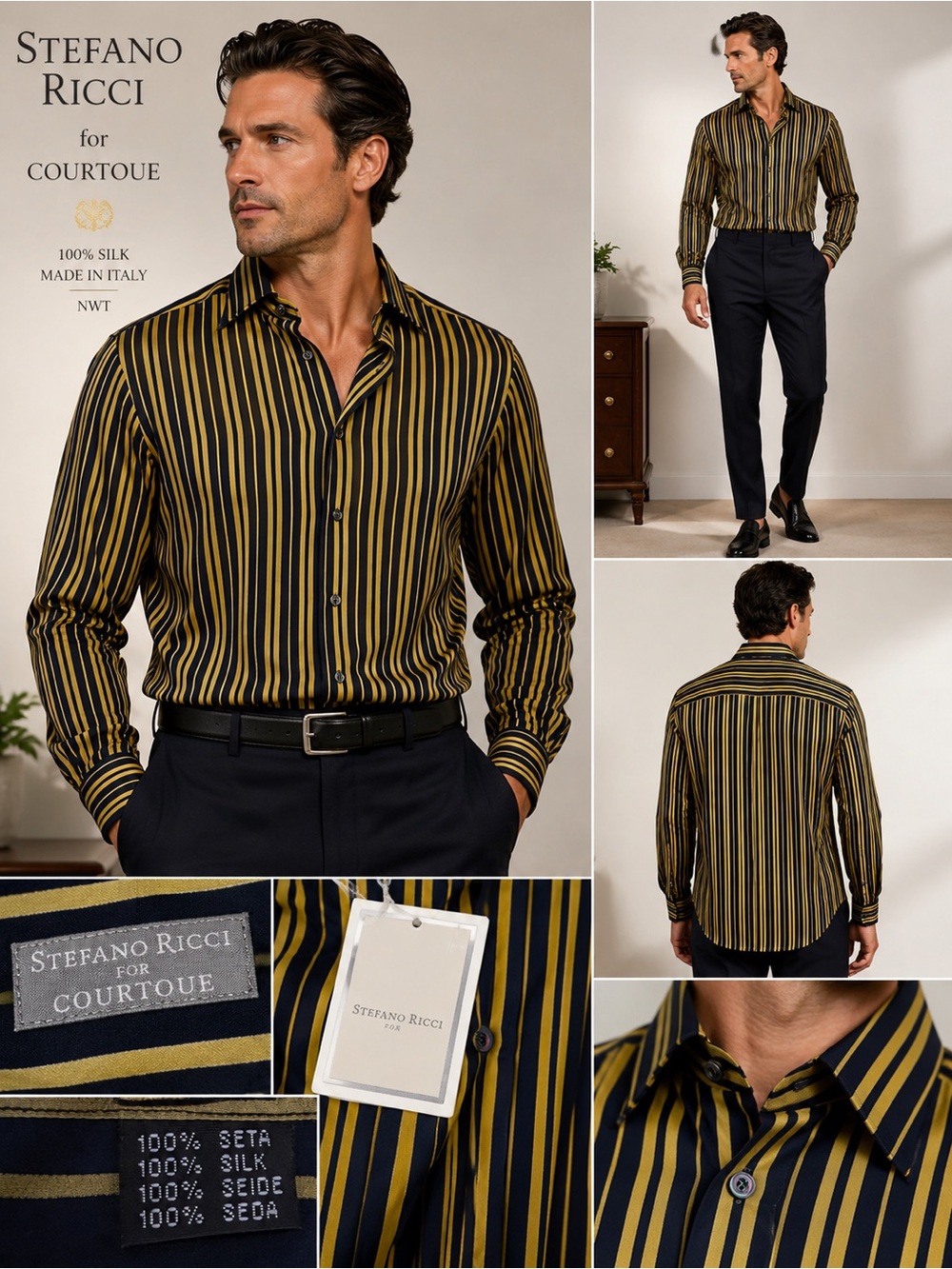 Stefano Ricci for Courtoue 100% Silk Striped Shirt Made in Italy  Rare Boutique
